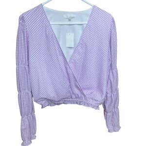 June & Hudson Purple Gingham Long-Sleeve Wrap Blouse Size M Stretch Waist